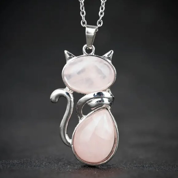 Rose Quartz Natural Stone Cute Cat Pendant Necklace - Picture 3 of 3